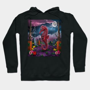 AI generated red striped seahorse in graveyard Hoodie